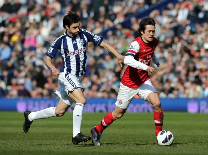 Framed Print : Clash of Midfield Titans: Rosicky vs. Yacob, Arsenal vs. West Bromwich Albion, Premier League 2012-13