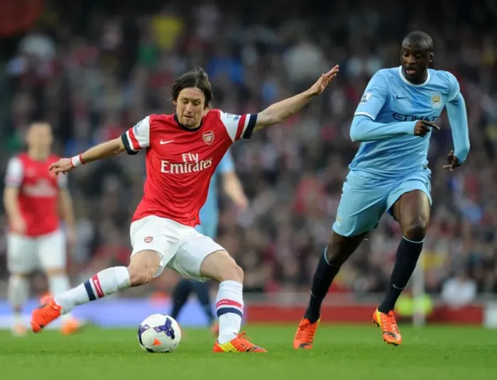 Framed Print : Clash of Midfield Titans: Rosicky vs. Yaya Toure (Arsenal vs. Manchester City, 2013 / 14)