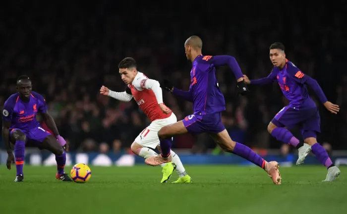 Framed Print : Clash of Midfield Titans: Torreira vs Fabinho - Arsenal vs Liverpool, Premier League 2018-19