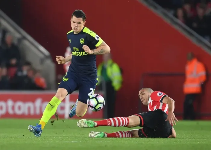 Framed Print : Clash of Midfield Titans: Xhaka vs. Romeu in Southampton v Arsenal Framed Print : Clash of Midfield Titans: Xhaka vs. Romeu in Southampton v Arsenal