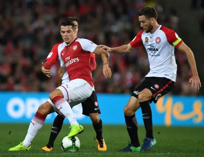 Framed Print : Clash of the Midfield Titans: Xhaka vs. Cornthwaite (Sydney Wanderers vs. Arsenal, 2017)