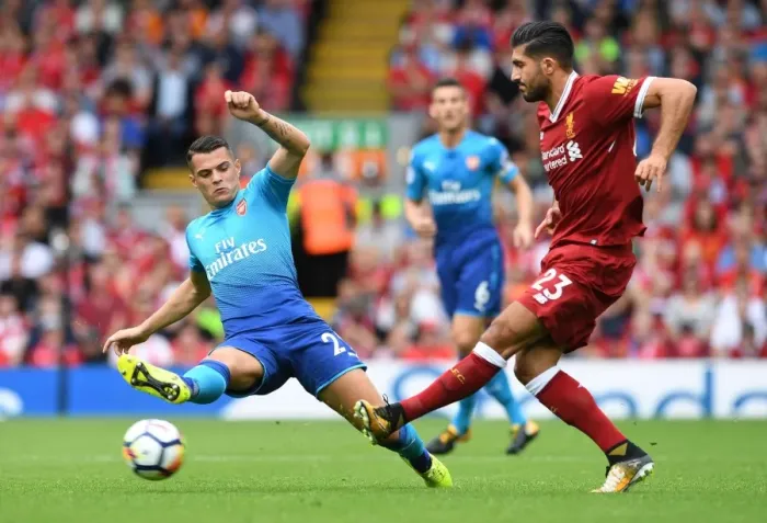 Framed Print : Clash of Midfield Titans: Xhaka vs. Can (Liverpool vs. Arsenal, 2017-18) Framed Print : Clash of Midfield Titans: Xhaka vs. Can (Liverpool vs. Arsenal, 2017-18)