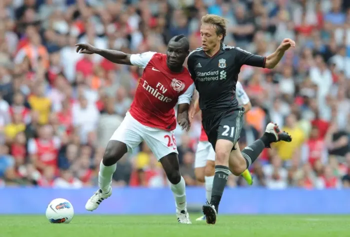 Framed Print : Clash of Midfielders: Frimpong vs. Lucas (Arsenal vs. Liverpool, 2011-2012)