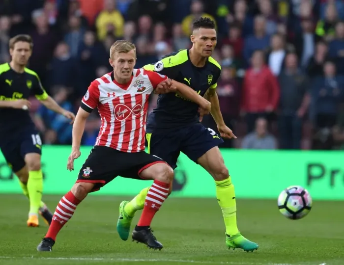 Framed Print : Clash of Midfielders: Gibbs vs Ward-Prowse - Southampton vs Arsenal, Premier League 2016-17