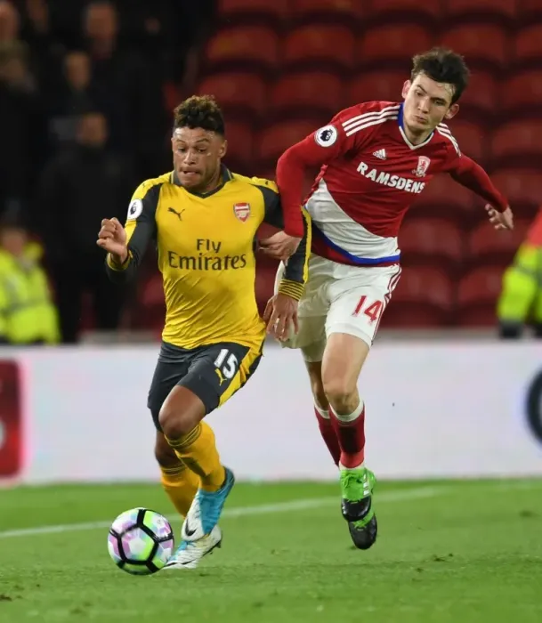 Framed Print : Clash of Midfielders: Oxlade-Chamberlain vs. de Roon - Middlesbrough vs. Arsenal, Premier League 2016-17