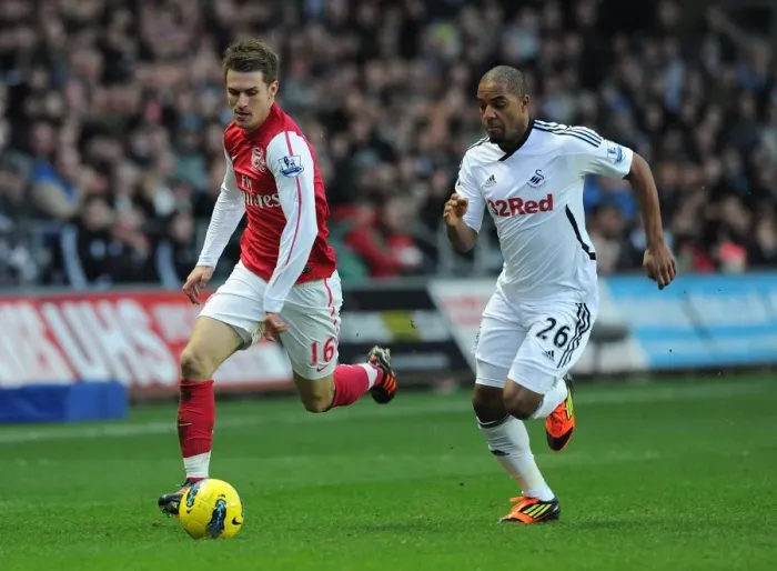 Framed Print : Clash of Midfielders: Ramsey vs. Agustien - Swansea City vs. Arsenal, Premier League, 2012