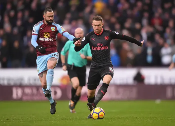 Framed Print : Clash of Midfielders: Ramsey vs. Defour - Burnley vs. Arsenal, Premier League 2017-18 Framed Print : Clash of Midfielders: Ramsey vs. Defour - Burnley vs. Arsenal, Premier League 2017-18