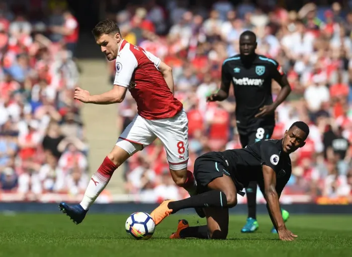 Framed Print : Clash of Midfielders: Ramsey vs. Fernandes, Arsenal vs. West Ham United, Premier League