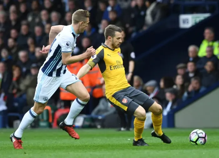 Framed Print : Clash of Midfielders: Ramsey vs. Fletcher - West Bromwich Albion vs. Arsenal, Premier League Framed Print : Clash of Midfielders: Ramsey vs. Fletcher - West Bromwich Albion vs. Arsenal, Premier League