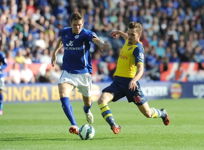 Framed Print : Clash of Midfielders: Ramsey vs Hammond (Leicester City vs Arsenal, 2014-15) Framed Print : Clash of Midfielders: Ramsey vs Hammond (Leicester City vs Arsenal, 2014-15)