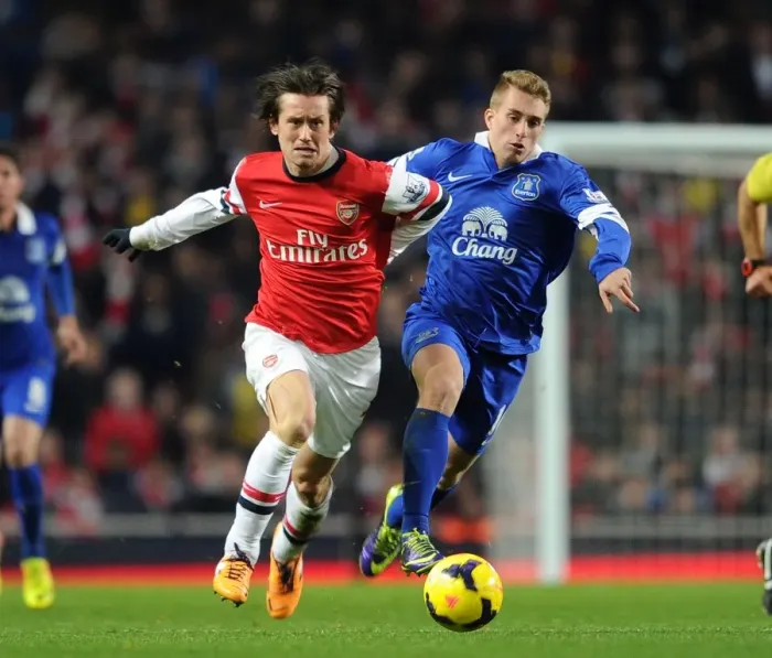 Framed Print : Clash of Midfielders: Rosicky vs Delofeu in Arsenal vs Everton Premier League Showdown