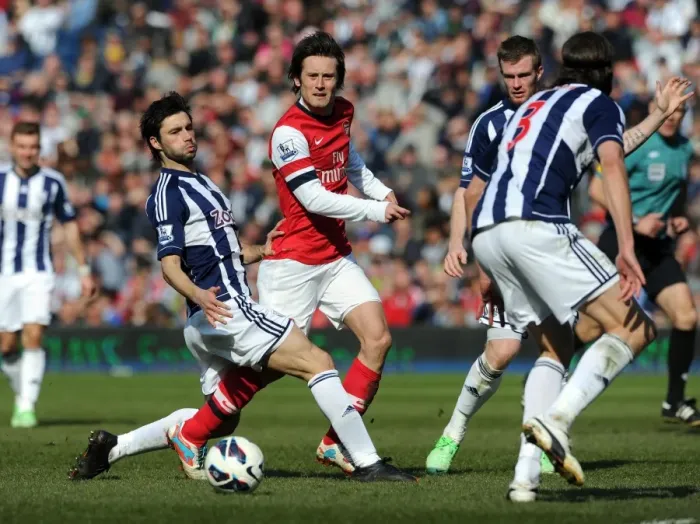 Framed Print : Clash of Midfielders: Rosicky vs. Yacob - West Bromwich Albion vs. Arsenal, Premier League 2012-13