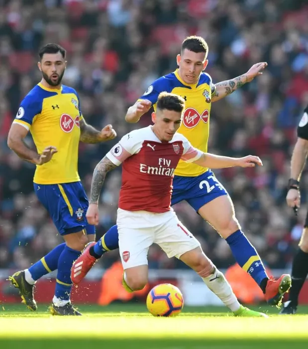 Framed Print : Clash of Midfielders: Torreira vs. Hojbjerg - Arsenal vs. Southampton, Premier League Framed Print : Clash of Midfielders: Torreira vs. Hojbjerg - Arsenal vs. Southampton, Premier League