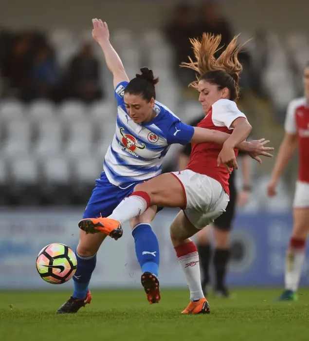 Framed Print : Clash of Midfielders: Van de Donk vs. Moore in Arsenal Women vs. Reading Ladies WSL Match Framed Print : Clash of Midfielders: Van de Donk vs. Moore in Arsenal Women vs. Reading Ladies WSL Match