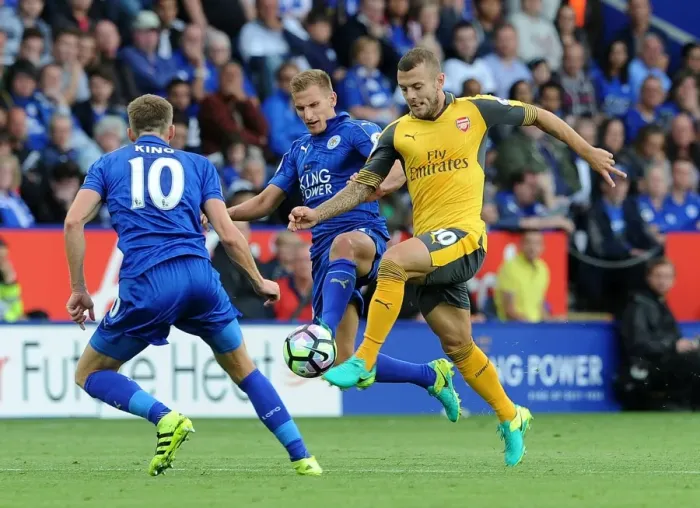Framed Print : Clash of Midfielders: Wilshere vs. Albrighton & King (Premier League 2016-17) Framed Print : Clash of Midfielders: Wilshere vs. Albrighton & King (Premier League 2016-17)