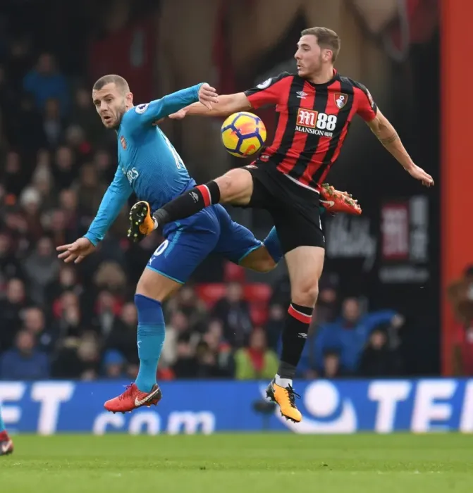Framed Print : Clash of Midfielders: Wilshere vs. Gosling - AFC Bournemouth vs. Arsenal, Premier League Framed Print : Clash of Midfielders: Wilshere vs. Gosling - AFC Bournemouth vs. Arsenal, Premier League