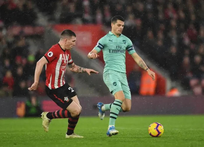 Framed Print : Clash of Midfielders: Xhaka vs. Hojbjerg - Southampton vs. Arsenal, Premier League 2018-19 Framed Print : Clash of Midfielders: Xhaka vs. Hojbjerg - Southampton vs. Arsenal, Premier League 2018-19