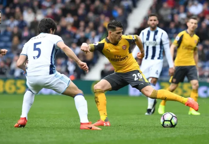 Framed Print : Clash of Midfielders: Xhaka vs Yacob - West Bromwich Albion vs Arsenal, Premier League 2016-17 Framed Print : Clash of Midfielders: Xhaka vs Yacob - West Bromwich Albion vs Arsenal, Premier League 2016-17