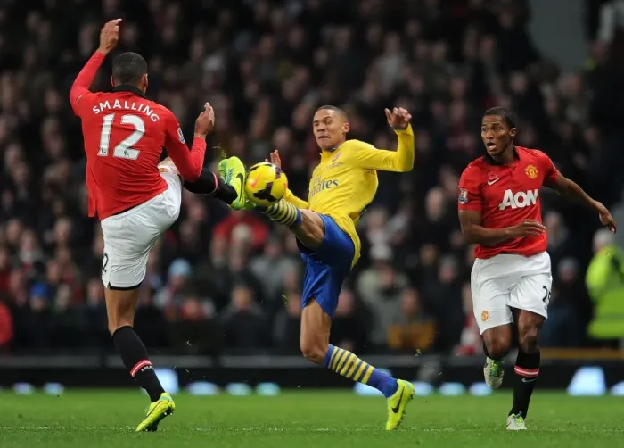 Framed Print : Clash at Old Trafford: Gibbs vs. Smalling - Manchester United vs. Arsenal, Premier League 2013-14