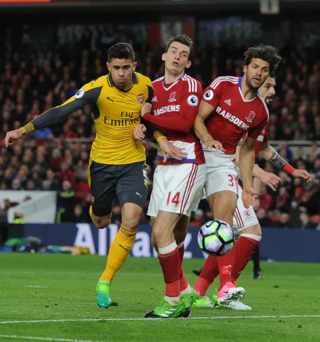 Framed Print : Clash at Riverside: Gabriel Faces Off Against Forshaw and de Roon (Middlesbrough vs Arsenal, 2016-17)
