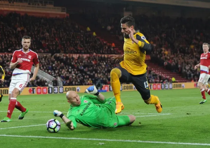 Framed Print : Clash at Riverside: Giroud vs. Guzan - Middlesbrough vs. Arsenal, Premier League 2016-17