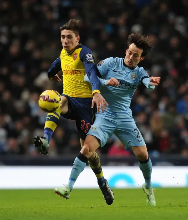 Framed Print : Clash of Skills: Hector Bellerin vs. David Silva, Premier League 2014-15 - A Battle of Wits and Agility