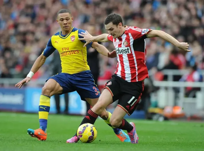 Framed Print : Clash at the Stadium of Light: Kieran Gibbs vs. Adam Johnson, Sunderland vs. Arsenal, Premier League 2014 / 15 Framed Print : Clash at the Stadium of Light: Kieran Gibbs vs. Adam Johnson, Sunderland vs. Arsenal, Premier League 2014 / 15