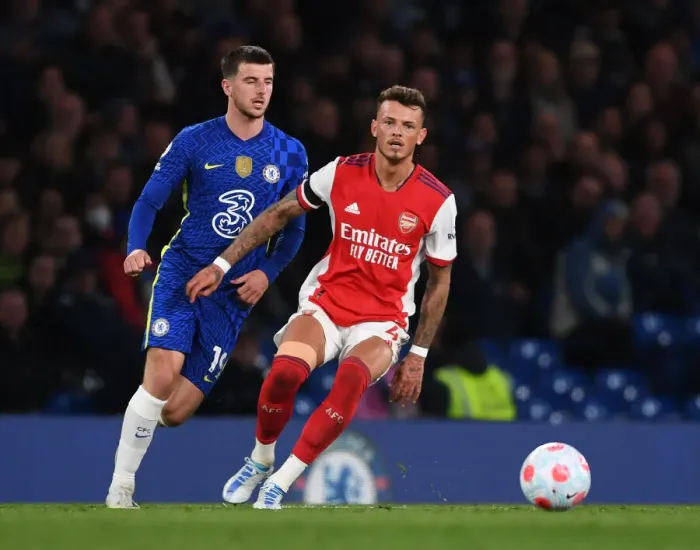 Framed Print : Clash at Stamford Bridge: Ben White vs. Mason Mount in Premier League Showdown Framed Print : Clash at Stamford Bridge: Ben White vs. Mason Mount in Premier League Showdown