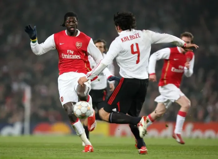 Framed Print : Clash of Stars: Adebayor vs. Kaladze in the 0-0 Stalemate - Arsenal vs. AC Milan, UEFA Champions League, Emirates Stadium, 2008