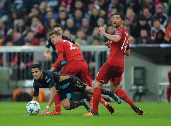 Framed Print : Clash of Stars: Alexis Sanchez vs. Thomas Muller, Xabi Alonso - UEFA Champions League: Bayern Munich vs. Arsenal (2015-16)