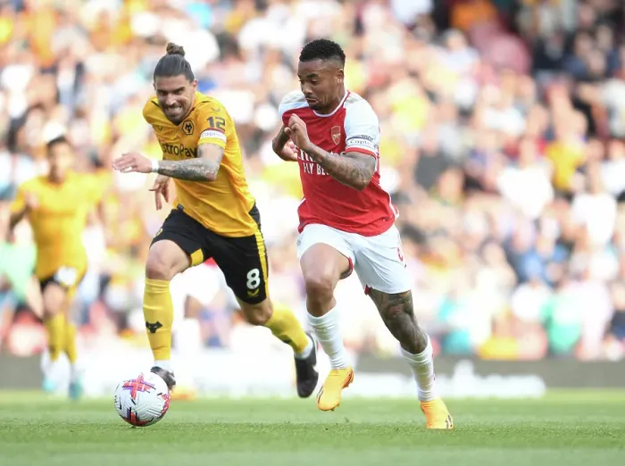 Framed Print : Clash of Stars: Gabriel Jesus vs. Ruben Neves Battle in Arsenal vs. Wolverhampton Wanderers Premier League Showdown (2022-23)