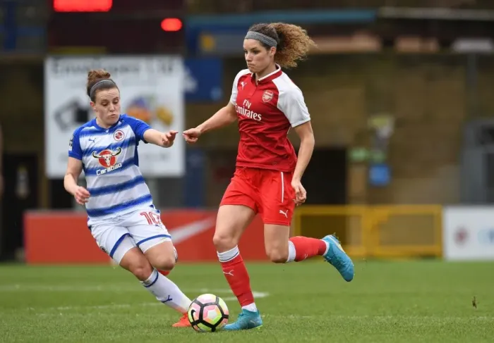 Framed Print : Clash of the Stars: Janssen vs. Bruton - Arsenal Women's Dominique Janssen Goes Head-to-Head with Lauren Bruton of Reading