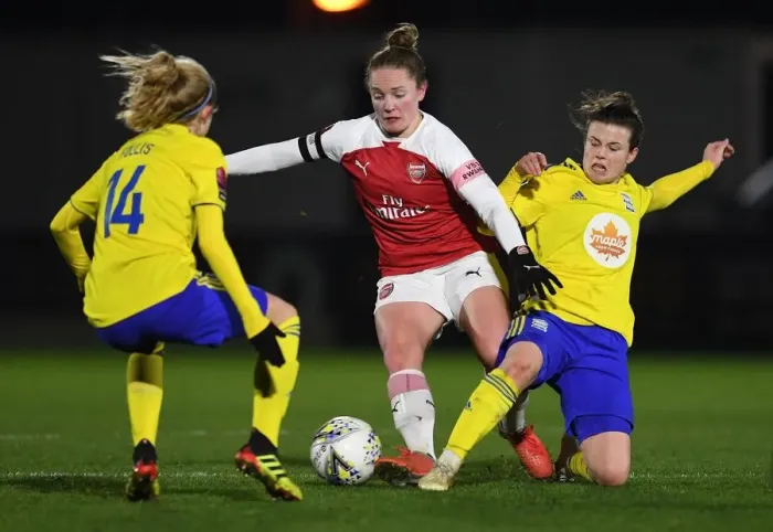 Framed Print : Clash of Stars: Kim Little vs. Hayley Ladd and Emma Folis in Arsenal Women vs. Birmingham City Women FA WSL Match Framed Print : Clash of Stars: Kim Little vs. Hayley Ladd and Emma Folis in Arsenal Women vs. Birmingham City Women FA WSL Match