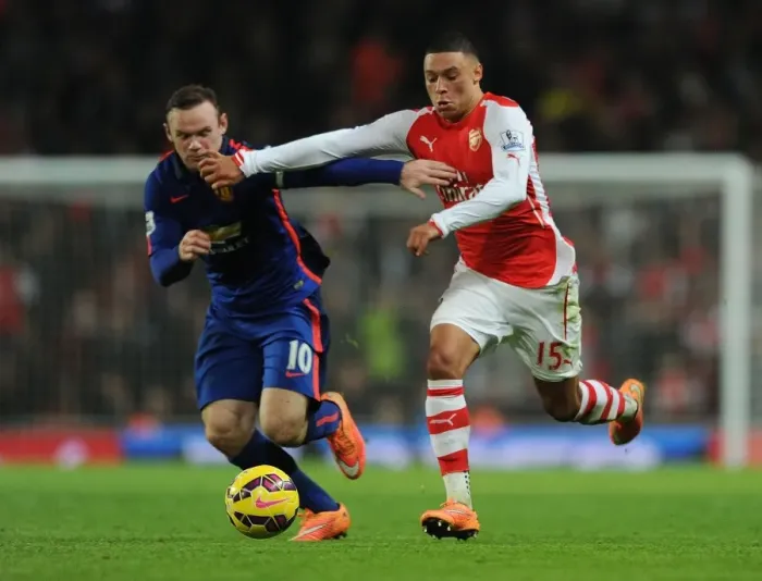 Framed Print : Clash of Stars: Oxlade-Chamberlain vs. Rooney - Arsenal vs. Manchester United (2014-15) Framed Print : Clash of Stars: Oxlade-Chamberlain vs. Rooney - Arsenal vs. Manchester United (2014-15)