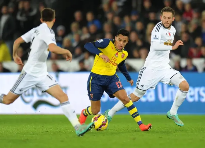 Framed Print : Clash of Stars: Sanchez vs. Carroll & Sigurdsson (Swansea vs. Arsenal, 2014-15)