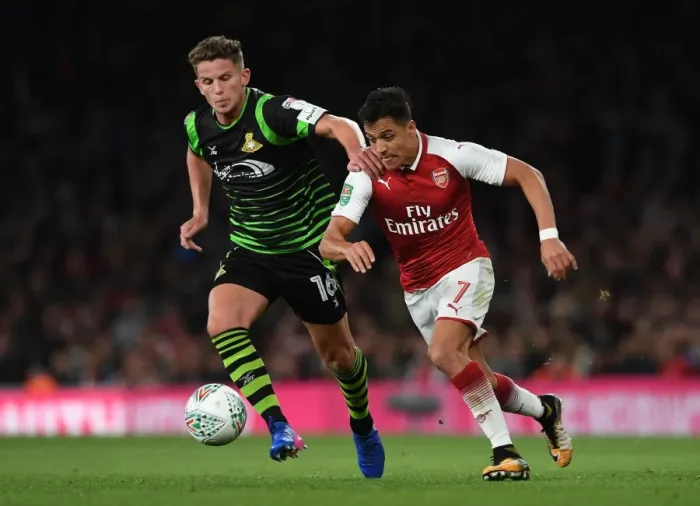 Framed Print : Clash of Stars: Sanchez vs. Houghton in Arsenal's Carabao Cup Battle Framed Print : Clash of Stars: Sanchez vs. Houghton in Arsenal's Carabao Cup Battle