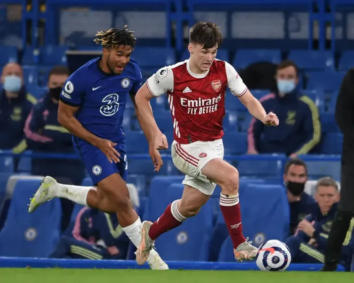 Framed Print : Clash of the Stars: Tierney vs. James - A Premier League Battle at Stamford Bridge, 2021 (Behind Closed Doors)