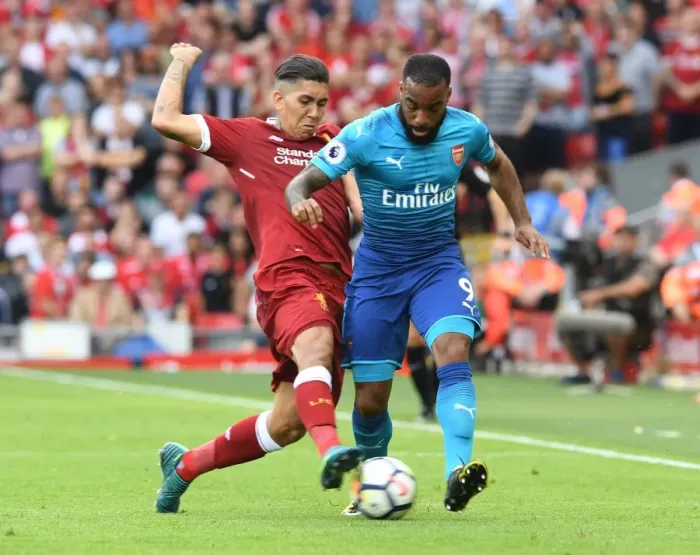 Framed Print : Clash of Strikers: Lacazette vs. Firmino - Liverpool vs. Arsenal, Premier League 2017-18