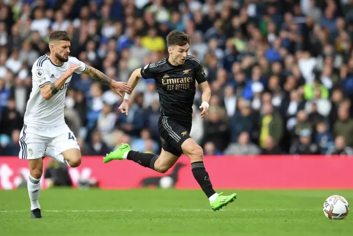 Framed Print : Clash of Styles: Kieran Tierney vs Mateusz Klich - Leeds United vs Arsenal FC, Premier League 2022-23