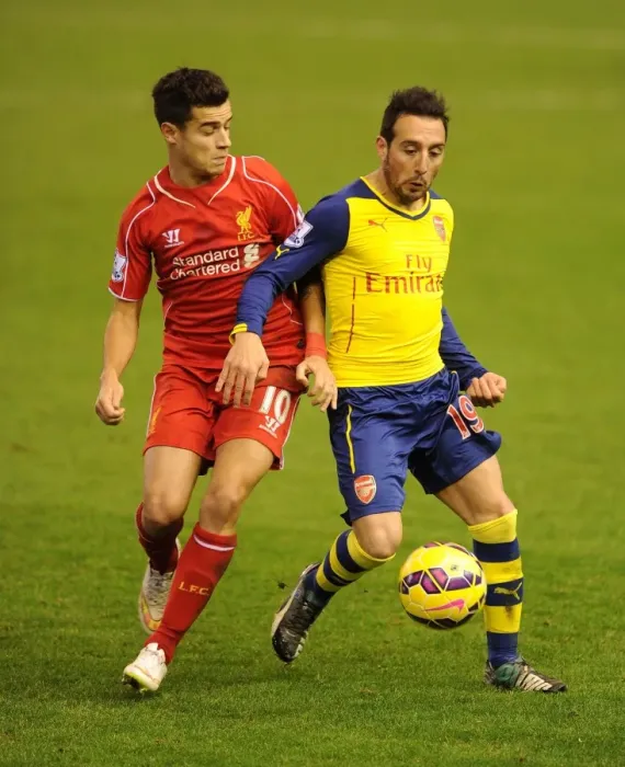 Framed Print : Clash of Talents: Cazorla vs. Coutinho - Liverpool vs. Arsenal, Premier League, 2014