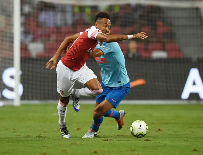 Framed Print : Clash of Titans: Aubameyang vs. Rodri - Arsenal vs. Atletico Madrid, International Champions Cup 2018