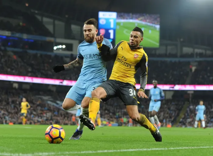 Framed Print : Clash of the Titans: Coquelin vs. Otamendi - A Battle of Midfield Giants in Manchester City vs. Arsenal, Premier League 2016-17