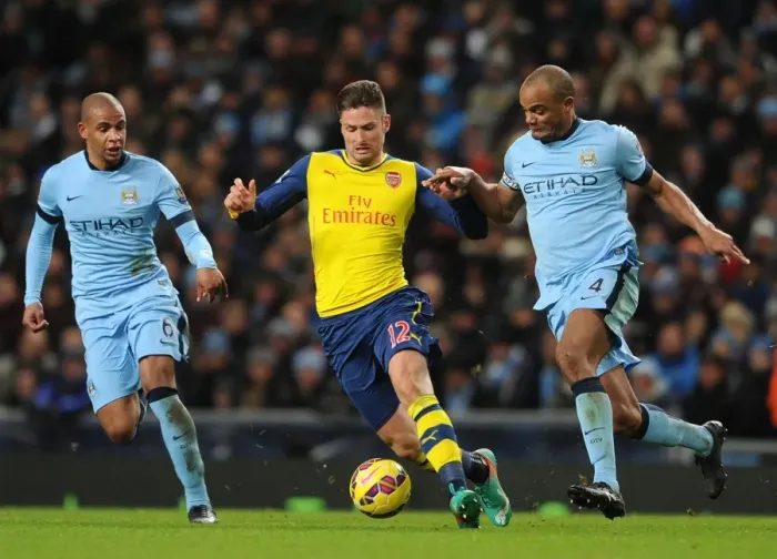 Framed Print : Clash of Titans: Giroud vs. Kompany & Fernando - Manchester City vs. Arsenal, Premier League 2014-15