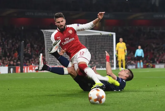 Framed Print : Clash of Titans: Giroud vs Savic - Arsenal vs Red Star Belgrade, UEFA Europa League