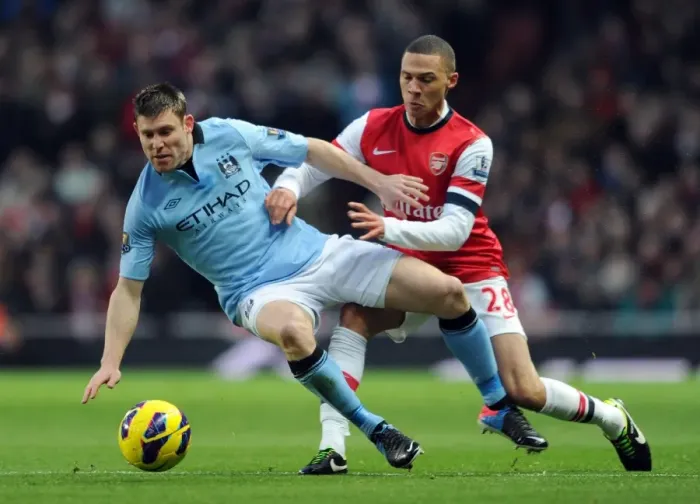 Framed Print : Clash of Titans: Kieran Gibbs vs. James Milner - Arsenal vs. Manchester City, Premier League, 2012-13