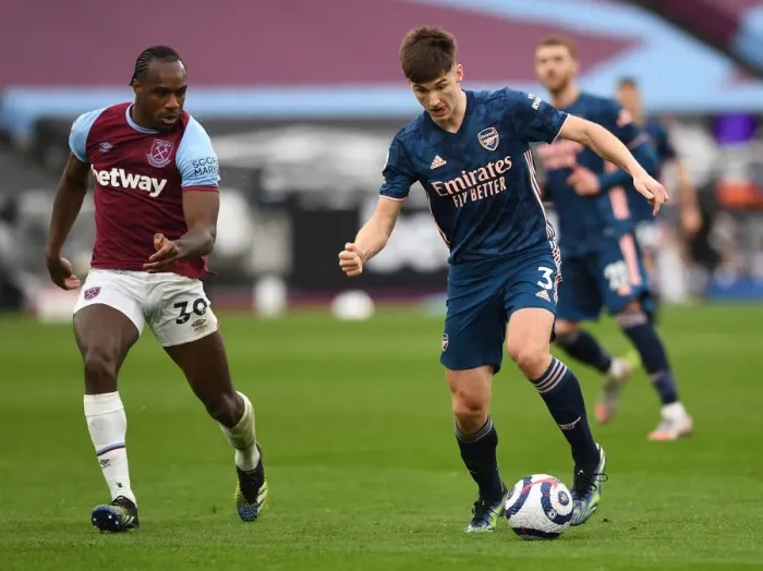 Framed Print : Clash of Titans: Kieran Tierney vs Michail Antonio - West Ham United vs Arsenal, Premier League 2020-21