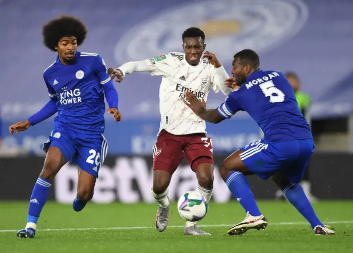 Framed Print : Clash of the Titans: Nketiah vs Choudhury and Morgan - Leicester vs Arsenal Carabao Cup Showdown Framed Print : Clash of the Titans: Nketiah vs Choudhury and Morgan - Leicester vs Arsenal Carabao Cup Showdown