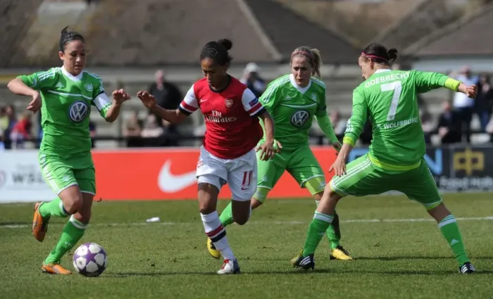 Framed Print : A Clash of Titans: Rachel Yankey vs. Nadine Kessler, Anna Blasse, and Viola Odebrecht in the UEFA Women's Champions League Semi-Final