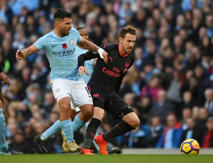 Framed Print : Clash of Titans: Ramsey vs. Aguero - Manchester City vs. Arsenal, Premier League 2017-18