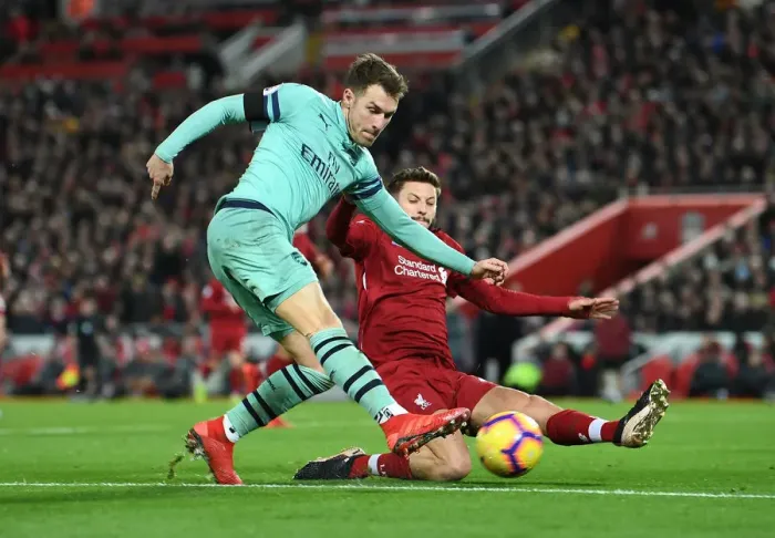 Framed Print : Clash of the Titans: Ramsey vs. Lallana - Liverpool vs. Arsenal, Premier League, 2018-19